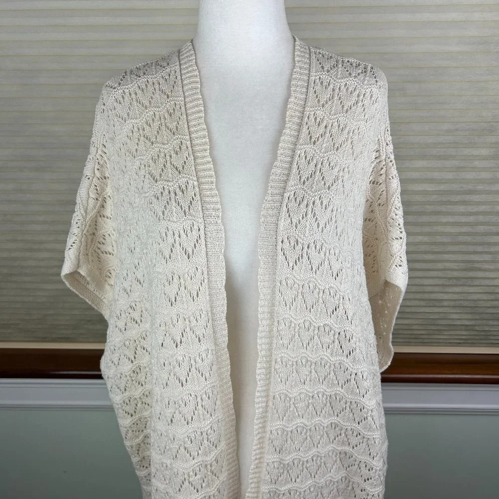 LA Hearts Cotton Linen Crochet Open Knit Open Front Longline Fringed Cardigan